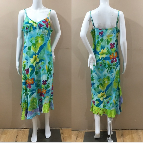 Jams World Women’s Size L  Slip Dress Midi Floral Printed Hawaii Green Blue - Picture 1 of 5